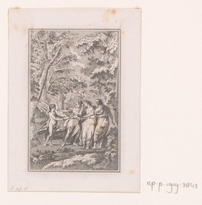 Engel biedt drie vrouwen in het bos een boek aan