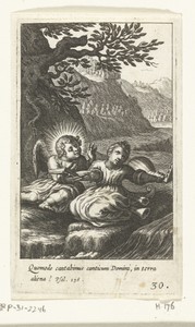 Engel en kind zingen en musiceren in landschap