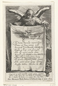 Engel houdt doek vast waarop titel Ad sacrum speculum