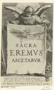Engel houdt doek vast waarop titel Sacra eremvs ascetarvm