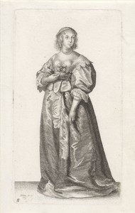 Engelse vrouw van stand met armbanden van parels