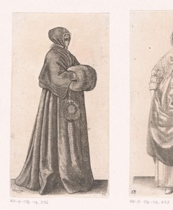 Engelse vrouw van stand met masker, kap en mof