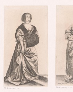 Engelse vrouw van stand met mof, staand op traptrede