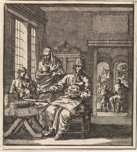 Enkele figuren bij een tafel waarop brood en een mes