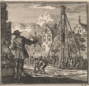 Enkele mannen kijken hoe een paal met een heiblok in de grond geslagen wordt