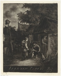 Enkele personen bij een boerderij