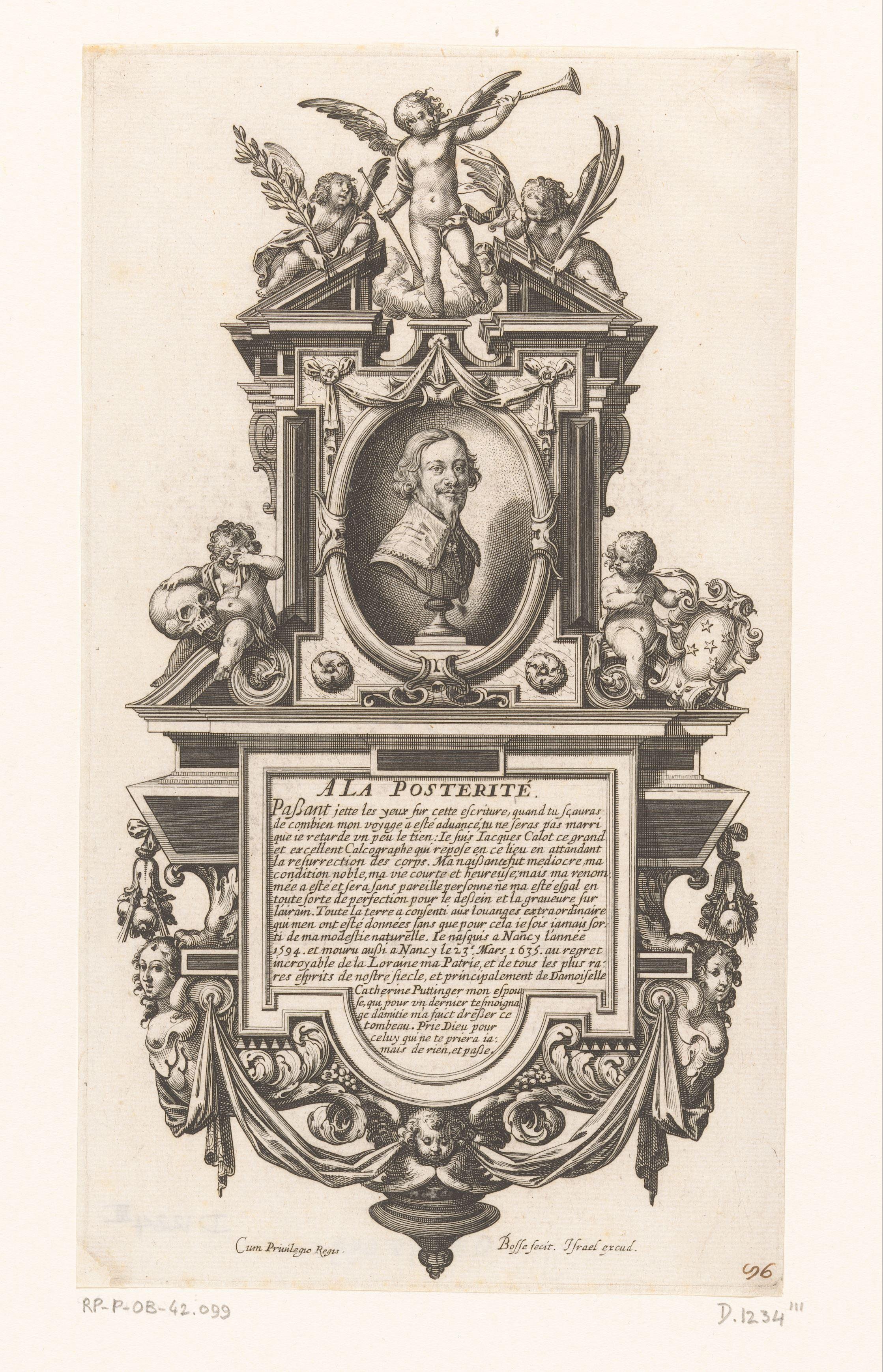 Epitaaf voor Jacques Callot met portretbuste by Abraham Bosse
