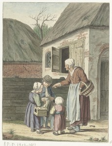 Erf met oude vrouw en drie kinderen