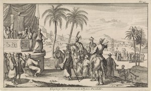 Europeanen en Chinezen voor een toneel in de openlucht