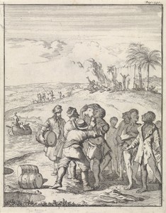 Europese matrozen proberen tevergeefs om Aboriginals vaten te laten dragen