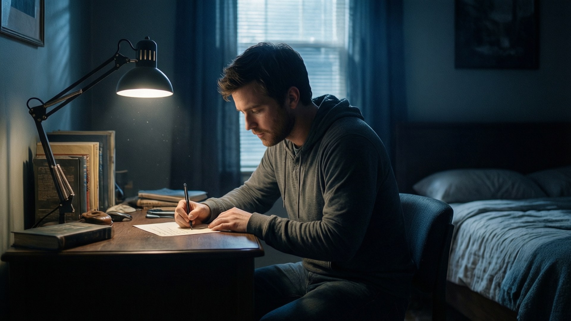 Evan Writing by Lamplight by Wallpapers.art Studio