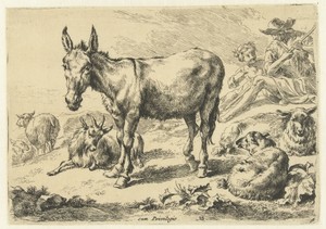 Ezel staand tussen rustende schapen, een geit en herders