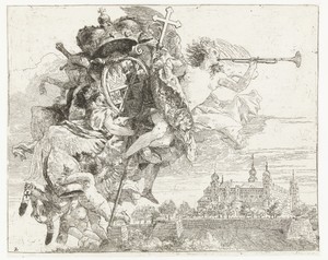 Faam en putti met wapen van Karl Philipp von Greiffenklau en attributen van bisschop boven Marienberg in Würzburg