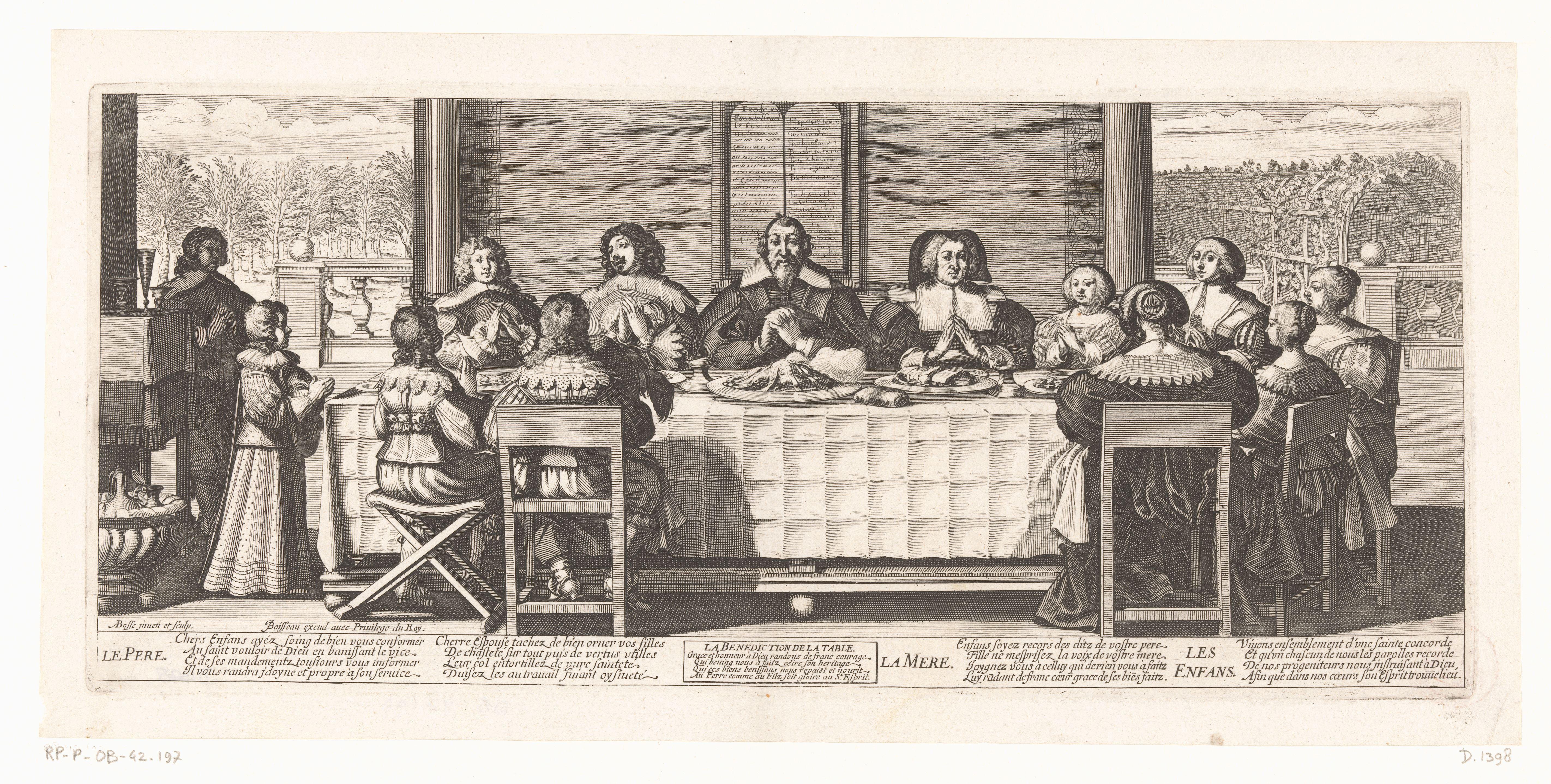 Familie aan tafel tijdens het tafelgebed by Abraham Bosse