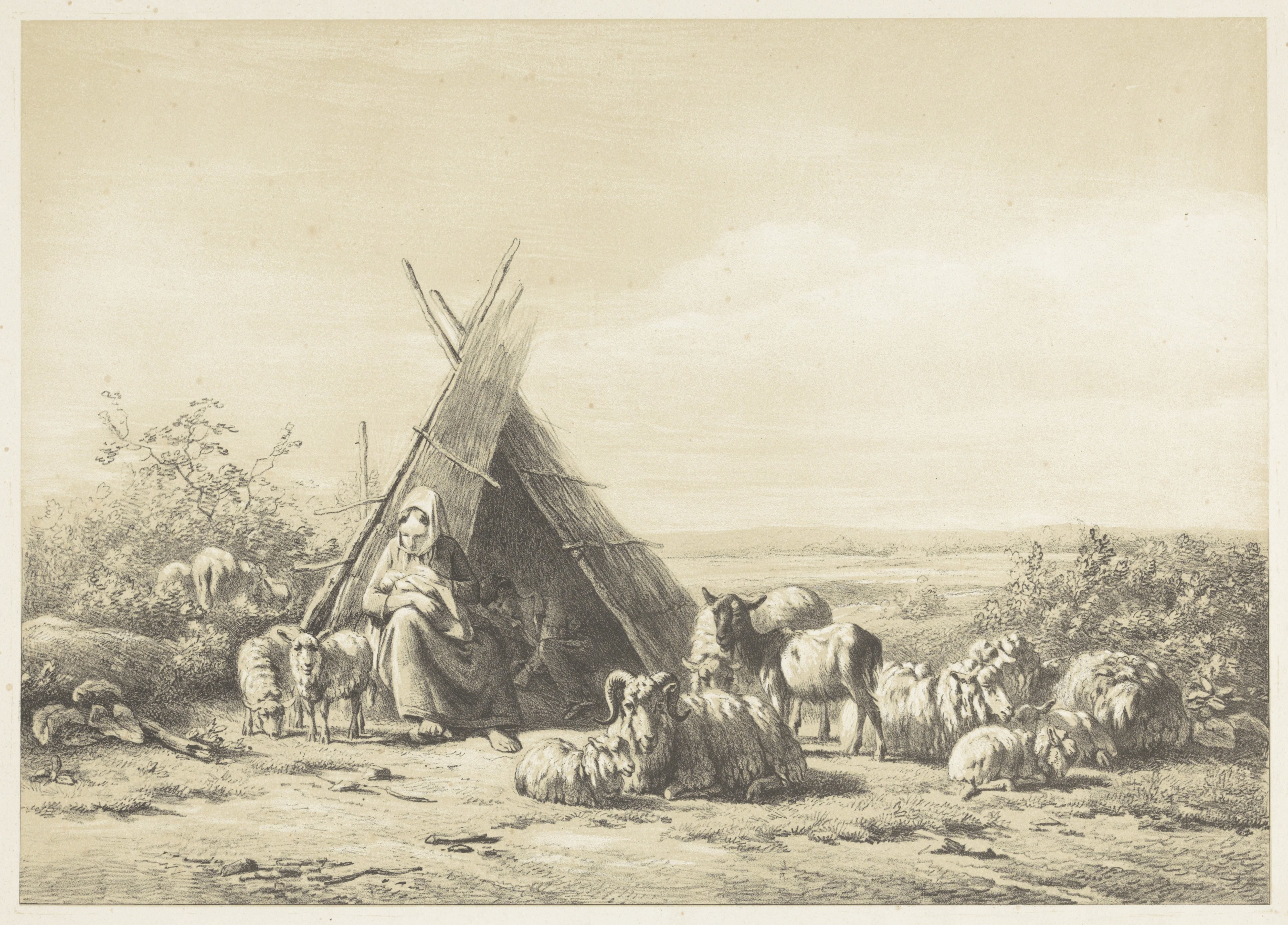 Familie bij een herdershut by Simon van den Berg
