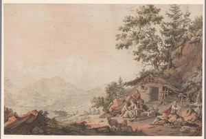 Familie bij een huis in de bergen