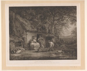 Familie bij een hut aan de rand van een bos