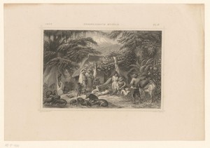 Familie bij hut in de bossen