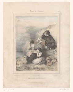 Familie van zeeman wacht aan het strand