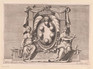 Familiewapen van de Medici in gedecoreerde lijst vergezeld door de personificaties van rechtvaardigheid en geloof