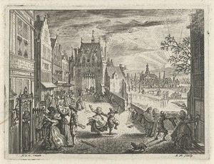 Feestend gezelschap in een stad