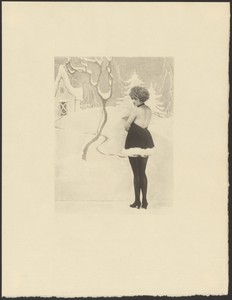 [Female Model Dressed in Santa Claus-like Outfit Posed in Front of a Painted Backdrop of a Snowy Winter Scene]