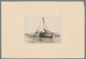 Figuren aan het werk rondom een zeilboot met vissersnet, die half op het strand van Brighton ligt