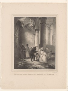 Figuren bij de ruïnes van een kerkgebouw