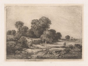 Figuren bij een rivierbedding met bomen