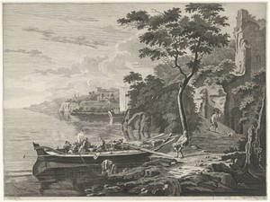 Figuren bij een schuit in een berglandschap