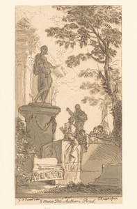 Figuren bij een sculptuur en ruïnes