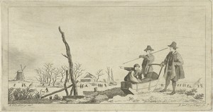 Figuren bij een slee in een winterlandschap