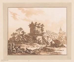 Figuren en een kraam voor een huis bij een stadsmuur