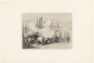 Figuren en paarden in de haven van Fécamp