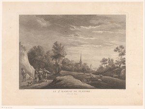Figuren in een landschap met in de verte een kerk en een molen