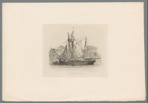 Figuren laden de vracht van een schip uit in een werf bij London Bridge