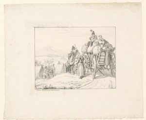 Figuren op een hooiwagen met in de achtergrond een kampement