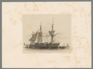 Figuren op een zeilschip in de Theems bezig met het opknopen van een zeil en het uitladen van kool op boten