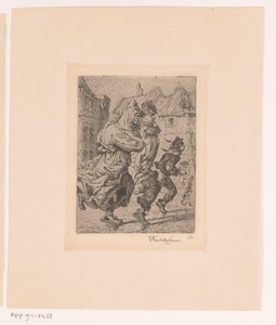 Figuren rennen op straat door de regen
