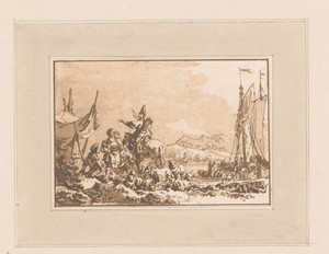 Figuren voor een tent in een haven