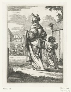 Figures à la mode, no. 4: Dame met capuchon, een kind aan de hand.