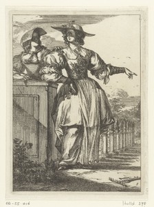 Figures à la mode, no. 8: twee vrouwen met zonnehoeden, staand bij een muurtje