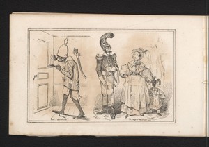 Figuur in nachtkleding en een soldaat, vrouw en kind
