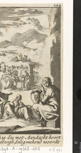 Figuur luistert met een hart op schoot waarop een oor is bevestigd naar een gesprek tussen Maria en Christus