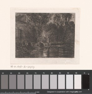 Figuur met fakkel in een rivierlandschap
