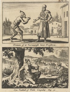 Figuur smekend voor een priester / Jager richt zijn pijl en boog op een tijger