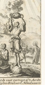 Figuur staat op een rijksappel en houdt een rokende offerschaal in de lucht