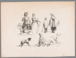 Figuurstudies van een reiziger, een moeder met kind, een jongen met hond en een kruipende jongen