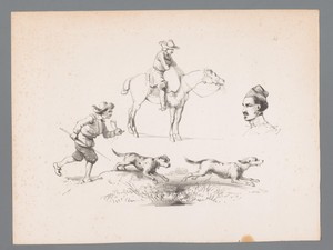 Figuurstudies van een ruiter te paard, het hoofd van een man en een jager met twee jachthonden