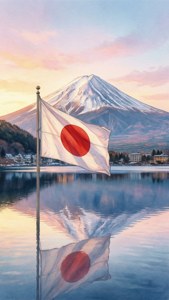 Flag and Mount Fuji Sunrise